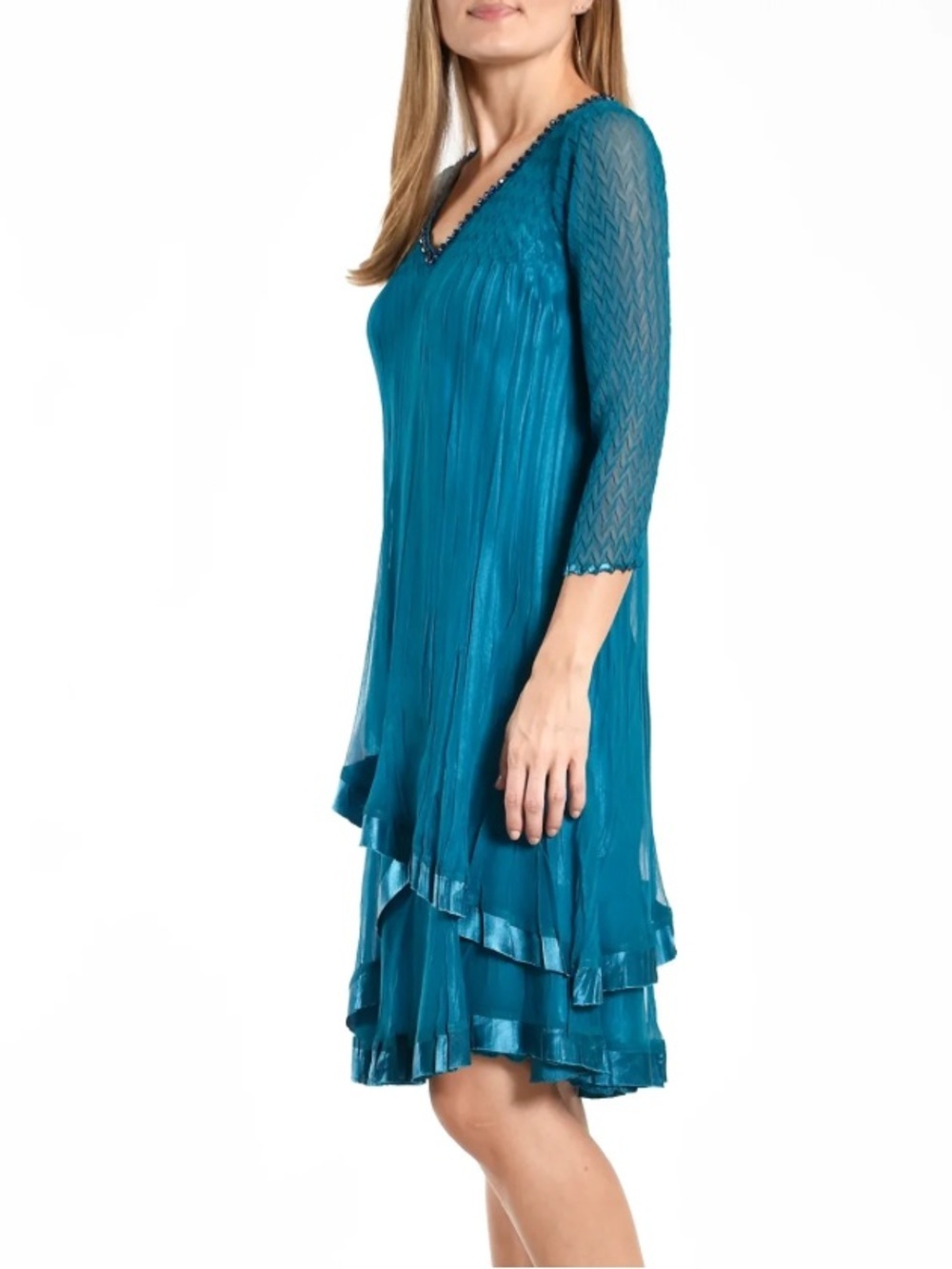 Komarov Beaded Chiffon Ruffled Dress Marine Night Teal